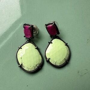 Artisanal chrysoprase and pink druzy quartz earrings with oxidized ss